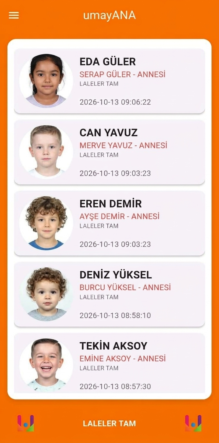 UmayAna mobil anons uygulaması öğretmen ekranı: velisi gelen öğrencilerin fotoğraflı anlık listesi