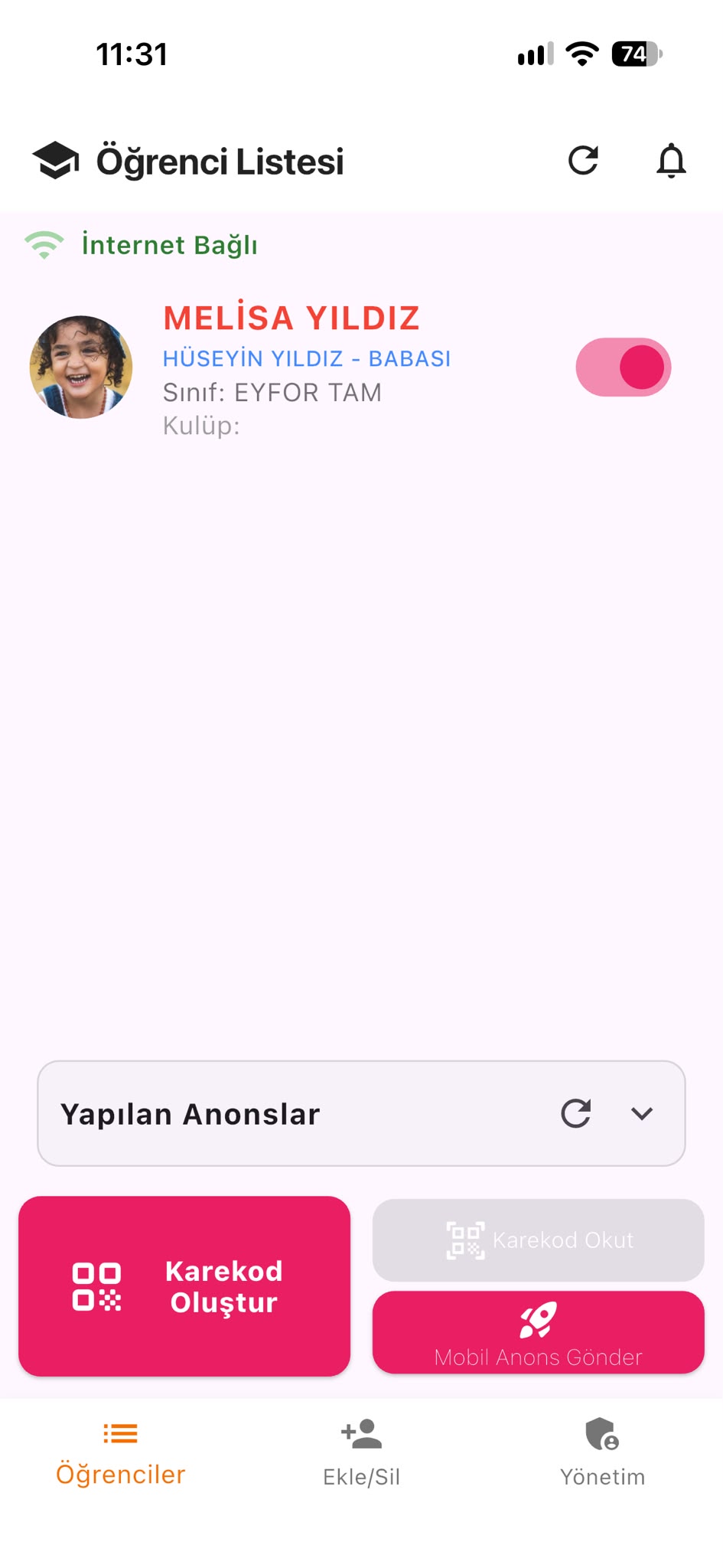UmayAna mobil anons uygulaması veli ekranı: öğrenci listesi, karekod oluştur ve mobil anons gönder düğmeleri