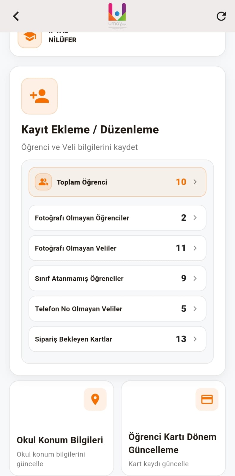 UmayAna mobil anons uygulaması yönetici ekranı: öğrenci ve veli kayıt ekleme, düzenleme ve sayıları